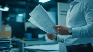 Profissional revisando documentos técnicos utilizados na elaboração de PATE conforme critérios regulatórios da RDC 73/2016.