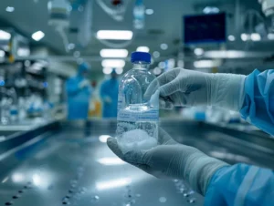 profissional analisando amostra de água purificada em ambiente farmacêutico durante procedimentos de qualificação de sistemas de água