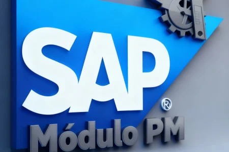 Logo do SAP com ícone de engrenagem e paquímetro, representando o curso SAP Módulo PM voltado para manutenção industrial e gestão de equipamentos.
