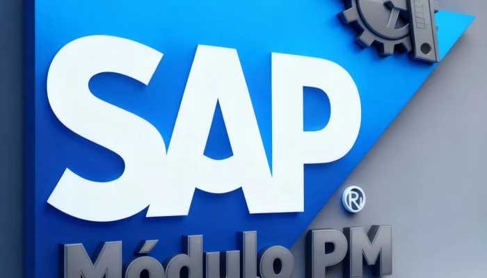 Logo do SAP com ícone de engrenagem e paquímetro, representando o curso SAP Módulo PM voltado para manutenção industrial e gestão de equipamentos.